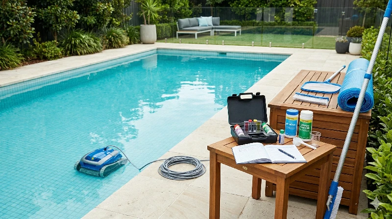 Komplette Poolbehandlung als Wochenroutine mit Wasserkontrolle und regelmässiger Pflege