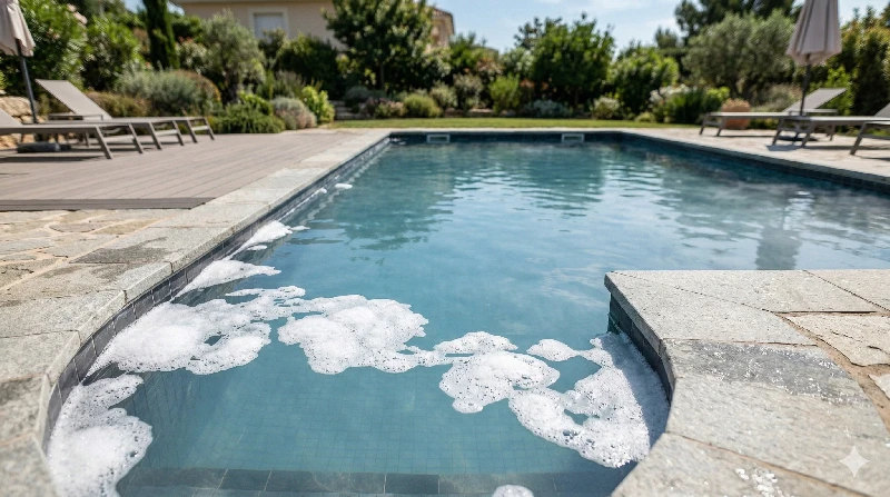 Privater Pool mit Schaumbildung an der Wasseroberfläche als Diagnosebild