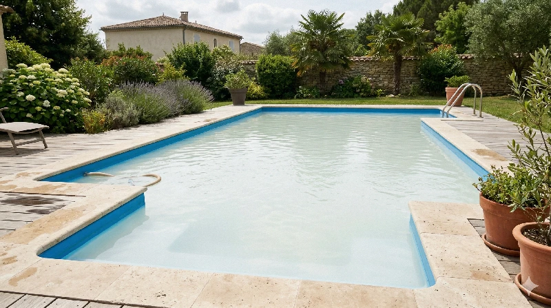 Privater Pool mit trübem milchigem Wasser zur visuellen Diagnose vor der Behandlung